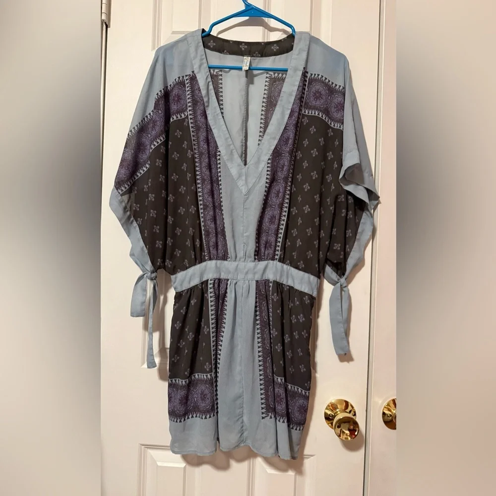 Free People Kimono Print Boho Festival Tunic Mini Dress XS Grey and Purple EUC